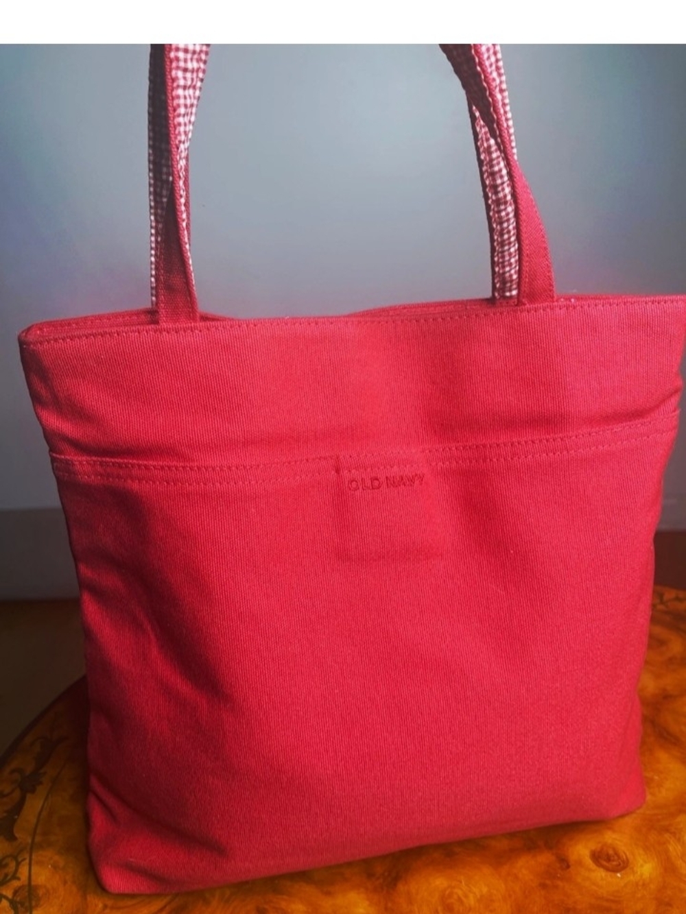 Old Navy Red Tote Bag, Gingham Lined, Snap Closure, Double Handles, Pockets